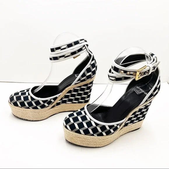 {Pierre Hardy} Canvas & Leather Cubed Print Espadrille Wedges - Picture 7 of 16